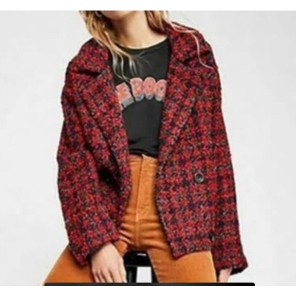 Free People houndstooth coat red and black double breasted size XS